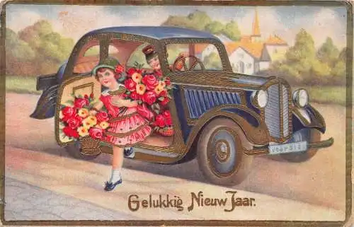B106 Neujahrsgrüße 1937 Kinder im Auto mit Rosen Korb Postkarte