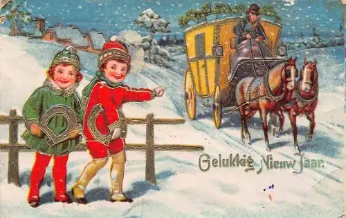 B106 Neujahrsgrüße 1936 Kinder Hufeisenkutsche mit Kleeblättern Postkarte