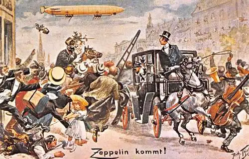 B106 Comic Humor Chaotische Menge zu sehen Zeppelin Geiger Kutsche Postkarte