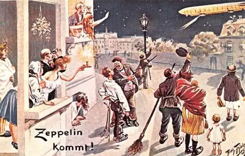 B106 Comic Humor Chaotische Menschen bei Nacht beobachten Zeppelin Kehrmaschine Postkarte