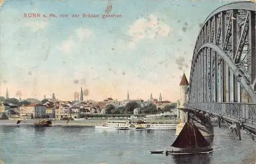 Deutschland Bonn a Rh 1911 Von der Brücke gesehen Dampfschiff Segelboot Postkarte