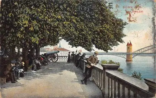 Deutschland Bonn a Rh 1907 Am Alten Zoll Brücke Kanon Menschen Vintage Postkarte