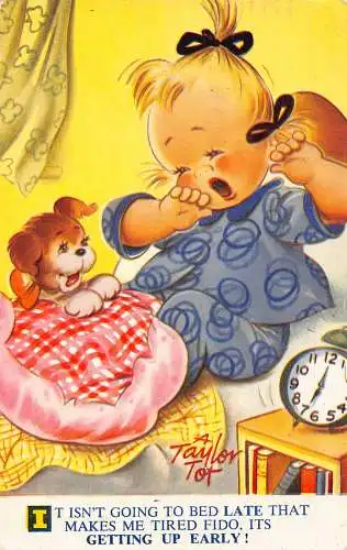 Bamforth Kinder Comic 1964 Mädchen und Hund im Bett Gähnen Uhr Aufstehen Postkarte
