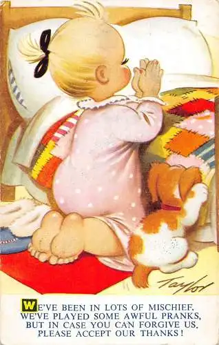 Bamforth Kinder Comic Mädchen und Hund beten von Bed Mischief Done! Postkarte