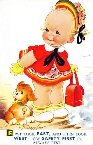 Bamforth Kinder Comic süß gekleidet Mädchen und Hund Sicherheit erste Postkarte