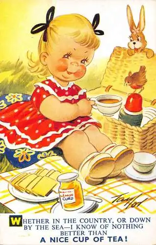 Bamforth Kinder Comic Mädchen Vogel Kaninchen Picknick Tasse Tee Zitronenquark Postkarte