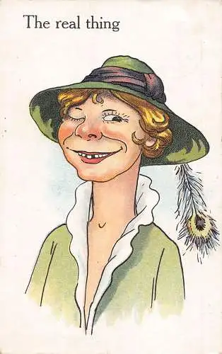 Karikatur Langhals blonde Frau zwinkern fehlende Zähne Feder Hut Postkarte