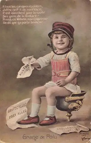 Politische Satire Preußischer Helm als Töpfchen für französische Mädchen Toilette Postkarte