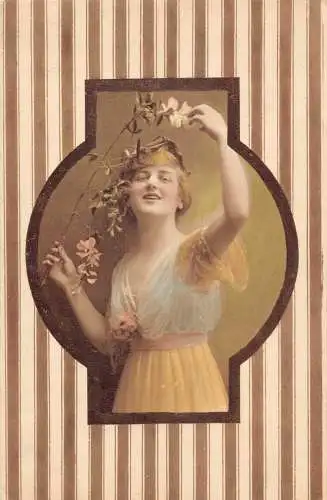 Glamour Fröhliche Frau Blumenzweig Passepartout Vintage Postkarte