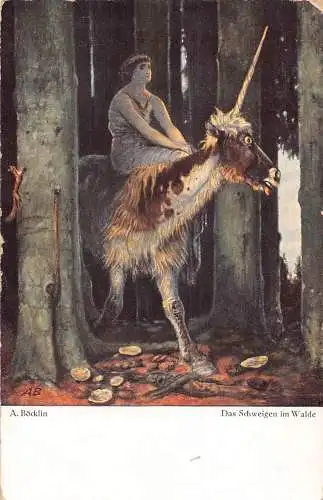 Kunst von A Boecklin 1951 Waldstille Frau reitet Einhorn Vintage Postkarte