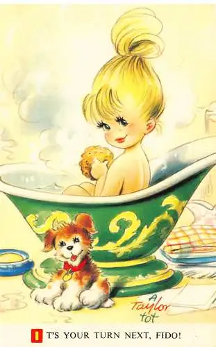 Bamforth Kinder Humor Risque Girl Baden in Badewanne Hund Vintage Postkarte