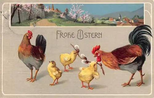 B107 Ostergrüße 1913 Huhn Henne Küken Muschi Weide Landschaft Postkarte