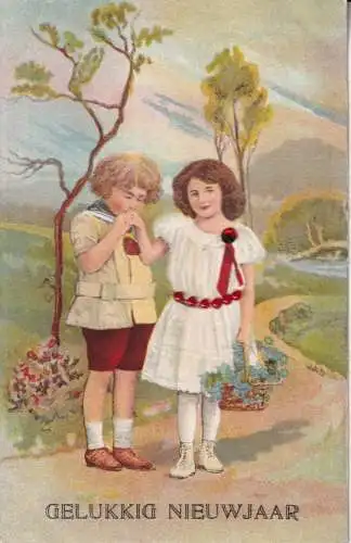 B107 Perlen Neuheit 1921 Vergissmeinnicht Korb Kinder Vintage Postkarte