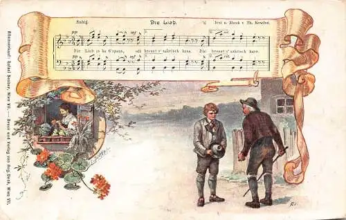 B107 Die Liab Song Musiknoten Bauernfamilie Hirte Blumen Postkarte