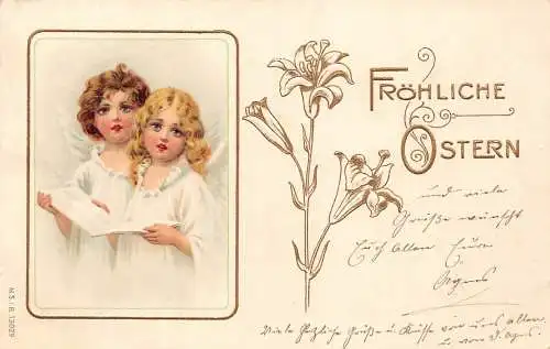 B107 Ostergrüße 1903 Engelpaar lesen Gebete Iris Blumen Postkarte