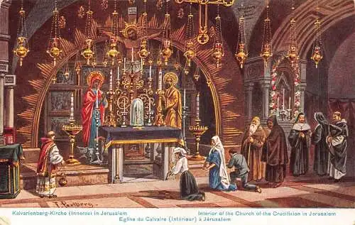 Israel Jerusalem Innenraum Kirche der Kreuzigung Pilger Priester Postkarte
