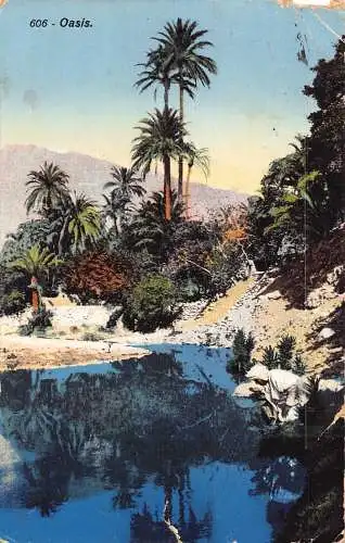 A618 Tunesien 1914 Oase Wasserteich Bäume Vintage Postkarte