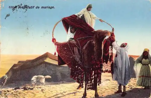 A618 Tunesien 1914 Ethnische Ehevorbereitungen Kamele Ureinwohner Postkarte