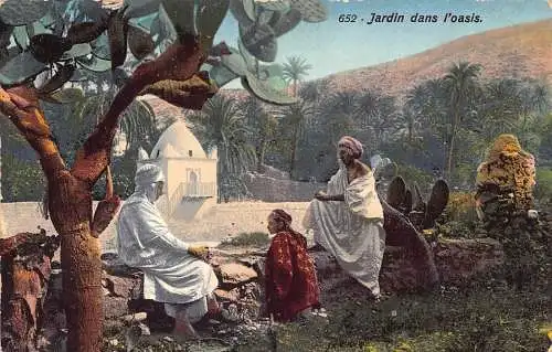 A618 Tunesien 1914 Jardin dans l'oasis Eingeborene entspannender Garten ethnische Postkarte