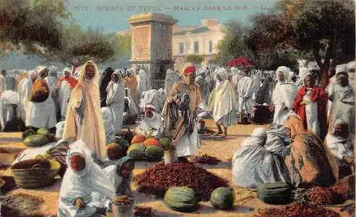 A619 Marokko Szenen et Typen Marche dans le sud Obstmarkt Verkäufer Postkarte