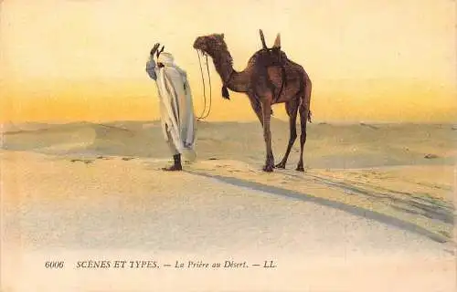 A619 Ägypten Szenen et Typen Einheimischer Mann betet in der Wüste Kamel ethnische Postkarte