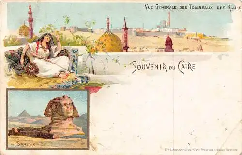 A622 Ägypten Kairo Souvenir du Caire Ethno Girl Mandoline Sphinx Litho Postkarte