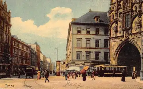B108 Tschechien Prag Praha Prikipy Straßenbahn Geschäfte Vintage Postkarte