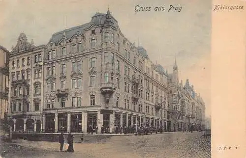 B108 Tschechien Gruss aus Prag Prag Niklasgasse Straße Vintage Postkarte
