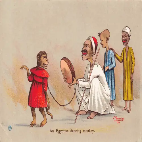 L465 Ein ägyptischer tanzender Affe Comic signiert Manavian Vintage Postkarte