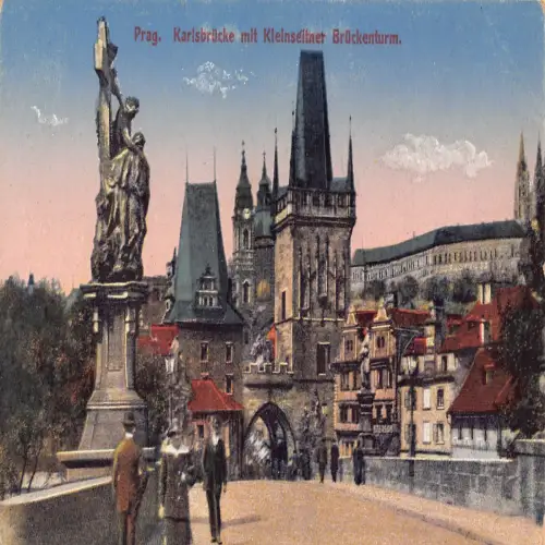 B110 Tschechien Prag Prag Karlsbrücke mit Kleinselnet Brückenturm Postkarte