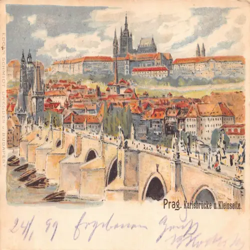 B110 Tschechien Prag 1899 Karlsbrücke Kleinseite Brücke Chromo Litho Postkarte