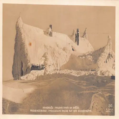 B110 Tschechien Riesengebirge Pruska chata na snezce Riesengebirge Hütte RPPC Postkarte