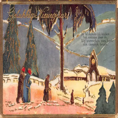 B105 Neujahrsgrüße 1934 Menschen auf dem Weg zur Kirche im Schnee Goldene Postkarte