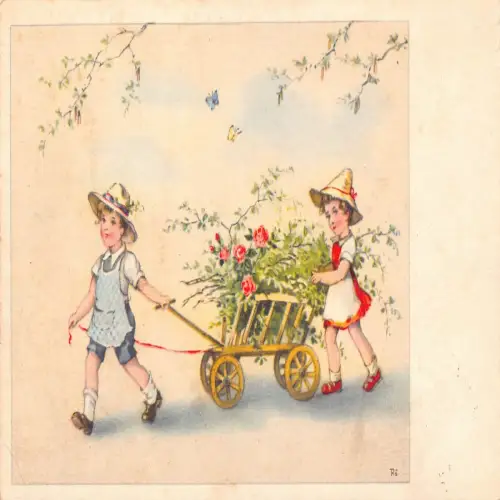 B104 Frühlingskunst 1942 Mädchen ziehen Rosen Wagen Schmetterlinge Vintage Postkarte