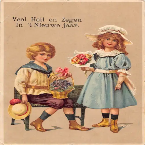 B102 Neujahrsgrüße Kinder Rosenstrauß Junge Matrose 1917 geprägte Postkarte