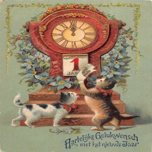 B102 Neujahr 1910 Uhr Vergissmeinnicht vermenschlichtete Katzen Reißseite geprägte Postkarte