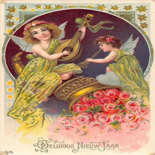 B101 Neujahrsgrüße 1911 Engel spielen Mandoline Trompete Glocke Rosen Postkarte