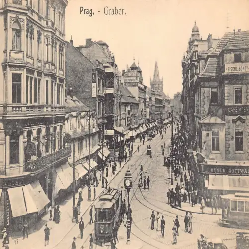 B109 Tschechien Prag Graben Straßenbahn Cafe Geschäfte Uhr Vintage Postkarte
