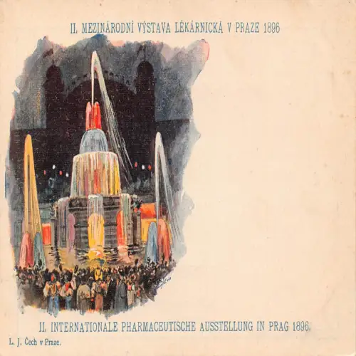B109 Tschechien 1896 Int Apothekenausstellung im Prager Brunnen bei Nacht Postkarte