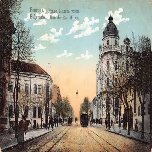 B108 Serbien Belgrad Rue de Roi Mailand Straße Straßenbahn Vintage Postkarte
