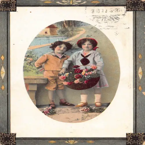 B102 Passepartout 1911 Kinder in Matrosenähnlichen Kostümen Rosen Korb Postkarte