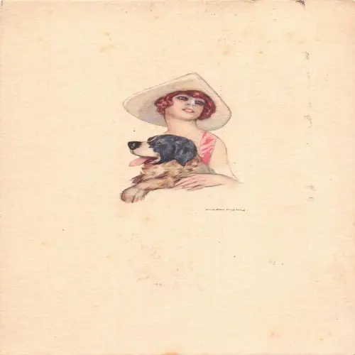 L467 Dame mit Hund Portrait Illustratorin Nanni Art Deco Vintage Postkarte
