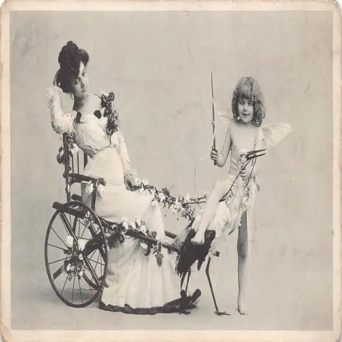 B106 Fotomontage Frau im Cherub reitet Storch Rikscha Rosen Vintage Postkarte