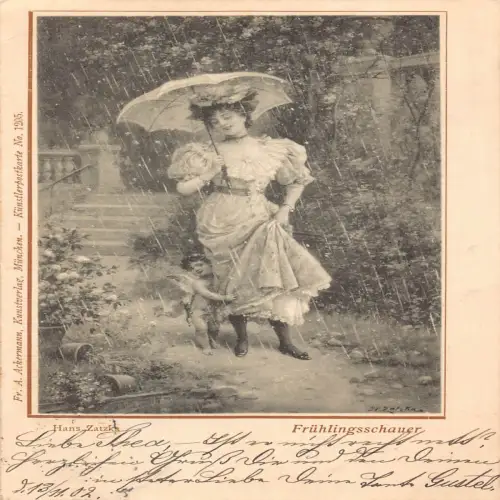 B103 Kunst 1902 Frühlingsschauer Frau im Regen umarmt von Cherub von Zatzka Postkarte