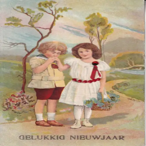 B107 Perlen Neuheit 1921 Vergissmeinnicht Korb Kinder Vintage Postkarte