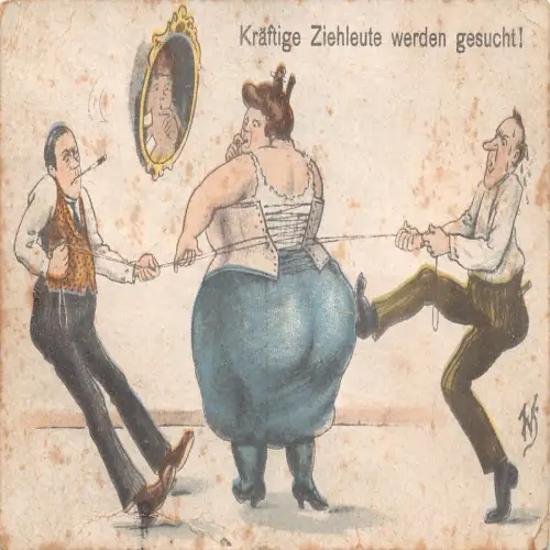 B105 Comic Humor Männer versuchen Korsett anzuziehen auf sehr dicke Dame Zigarette Postkarte