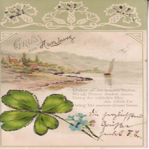 B107 Glitzer Neuheit 1901 Gruss aus Hamburg Kleeblatt Vergissmeinnicht Postkarte