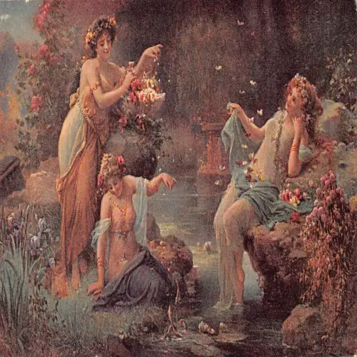 B106 Kunst Elfenspiel Nymphen spielen in der Nähe von Fluss Schmetterlingen Vintage Postkarte