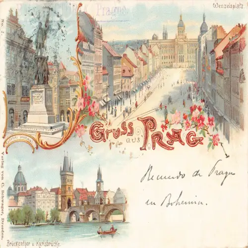 B109 Tschechien Gruss aus Prag Prag Wenzelsplatz Karlsbrücke Blumen Postkarte