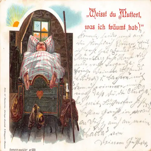 B104 Comic Humor 1899 Mann im Bett mit Füßen draußen Schuhe Mäuse Sonne Litho Postkarte